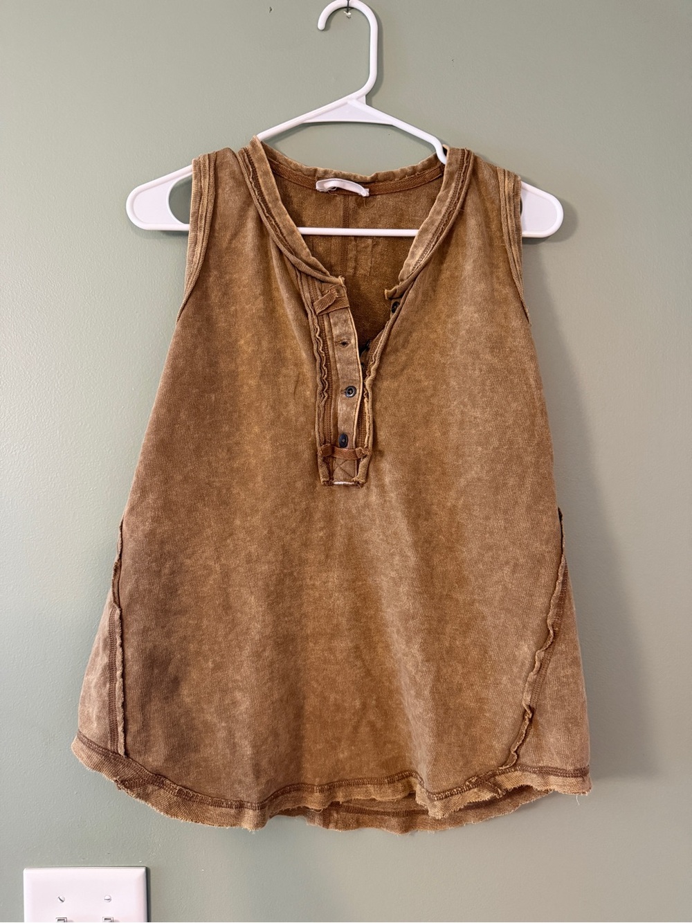 Zenana Washed Brown Button Henley Tank